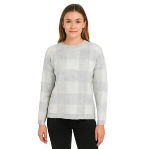 Storia Crew Neck Sweater Pullover Gray & White Checkered Plaid Sweater Medium